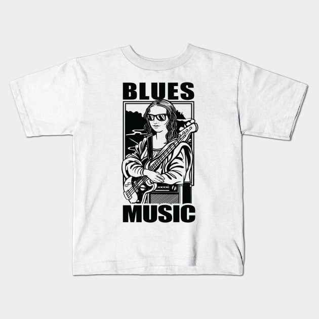 Blues Music - Mona Lisa with Guitar and Amplifier Kids T-Shirt by Graphic Duster